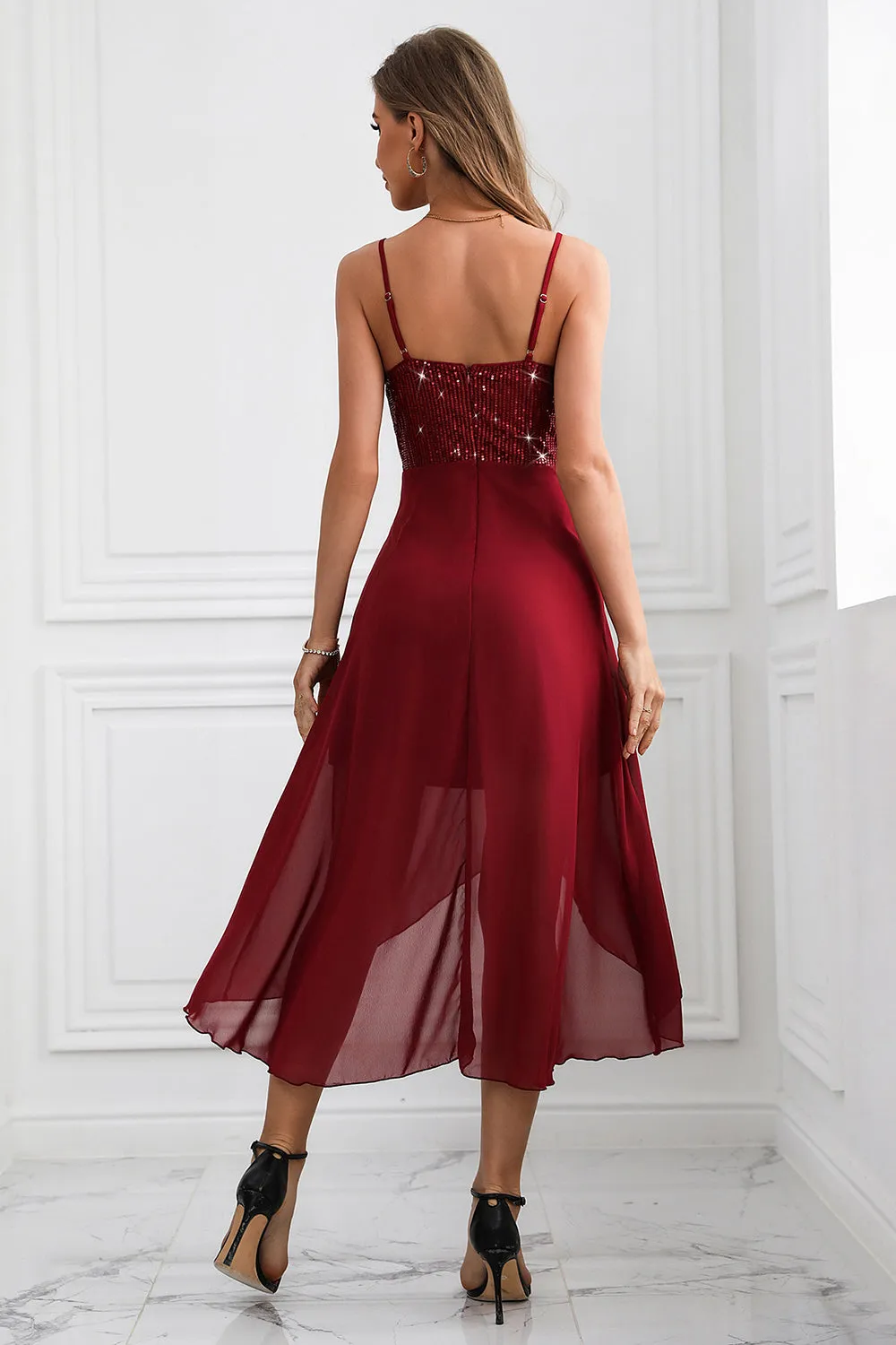 Sparkly Burgundy Spaghetti Straps Asymmetrical Party Dress sold by Zapaka product image thumbnail 2