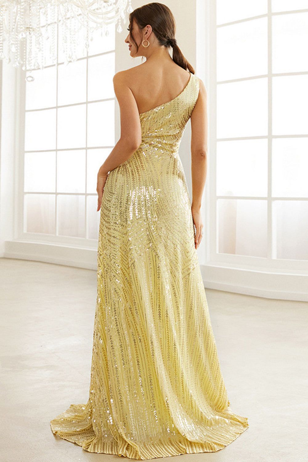 One Shoulder Yellow Sparkly Mermaid Prom Dress with Slit sold by Zapaka product image thumbnail 2