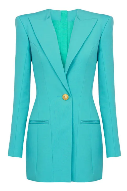 Lake Blue Peak Lapel Long Sleeves One Button Women Blazer sold by Zapaka