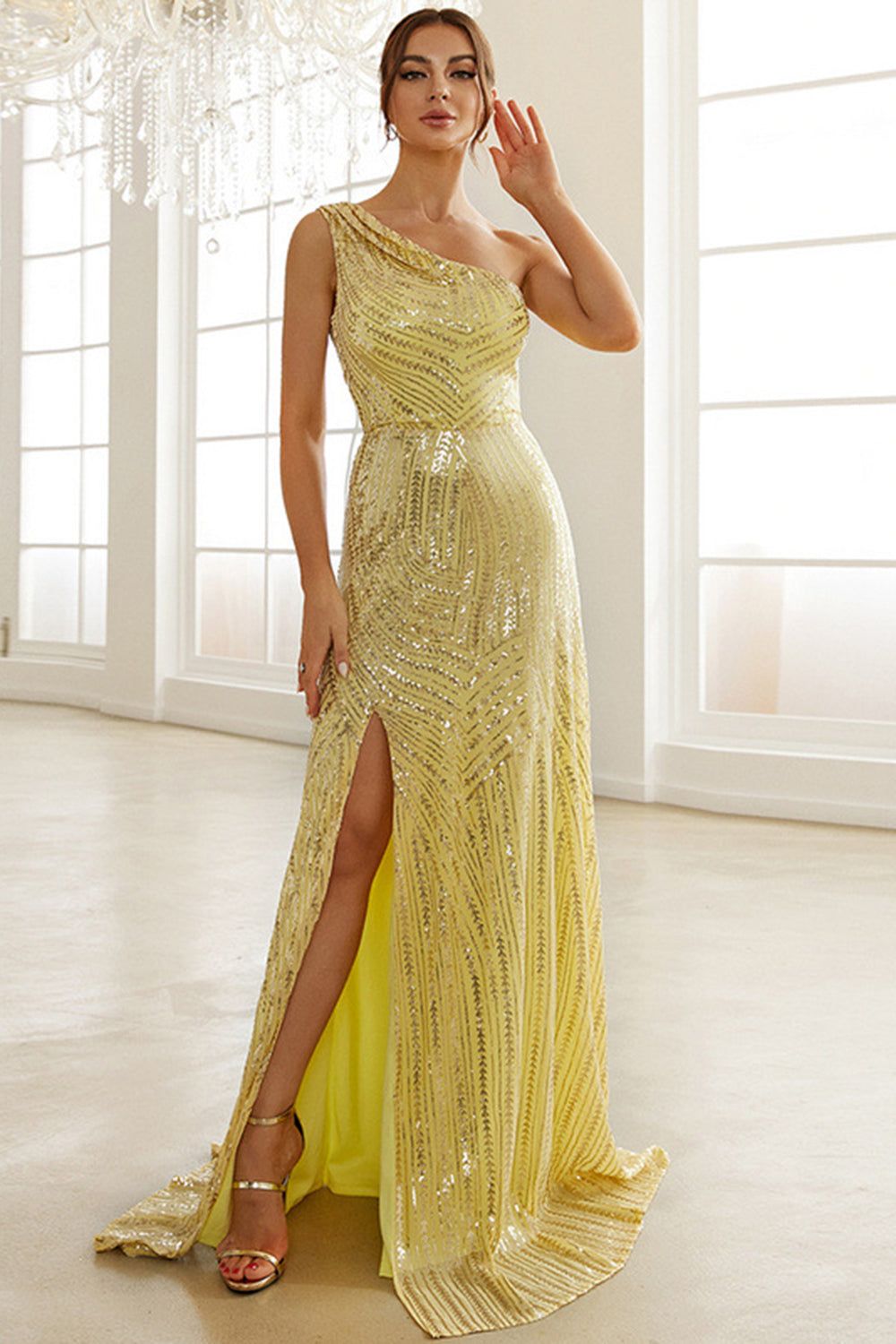 One Shoulder Yellow Sparkly Mermaid Prom Dress with Slit sold by Zapaka