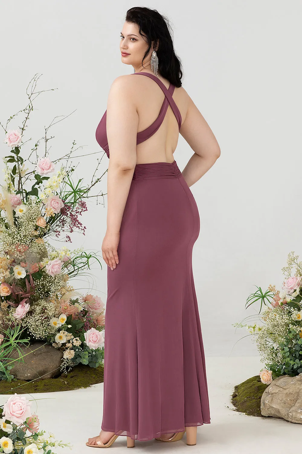Sheath Deep V Neck Desert Rose Plus Size Bridesmaid Dress with Criss Cross Back sold by Zapaka product image thumbnail 2