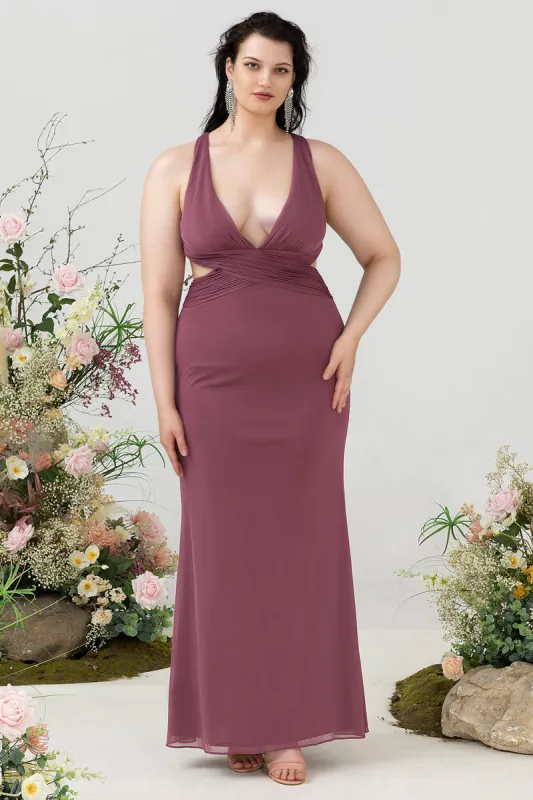 Sheath Deep V Neck Desert Rose Plus Size Bridesmaid Dress with Criss Cross Back sold by Zapaka