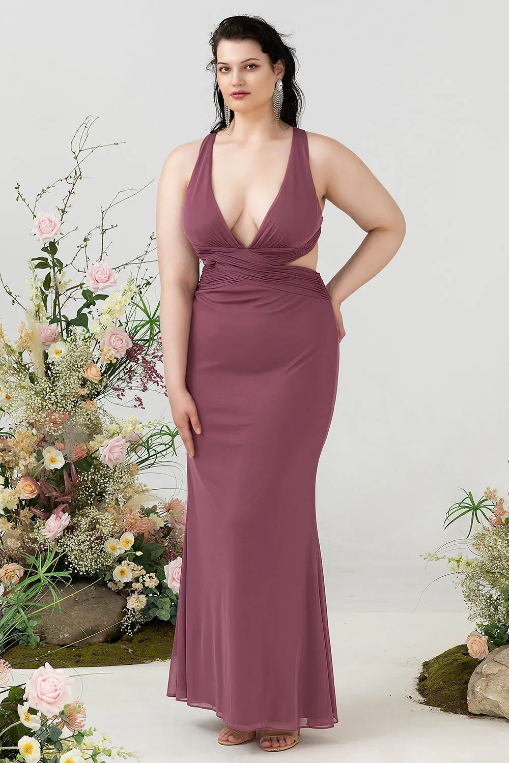 Sheath Deep V Neck Desert Rose Plus Size Bridesmaid Dress with Criss Cross Back sold by Zapaka product image thumbnail 3