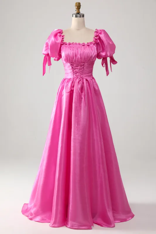 Puff Sleeves Hot Pink Prom Dress with Ruffles sold by Zapaka