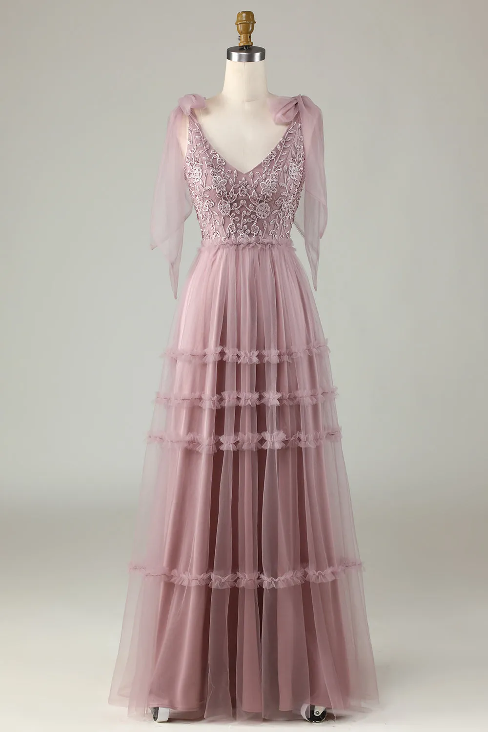 Keeper of My Heart A-Line V Neck Dusty Pink Long Bridesmaid Dress with Beading sold by Zapaka product image thumbnail 5