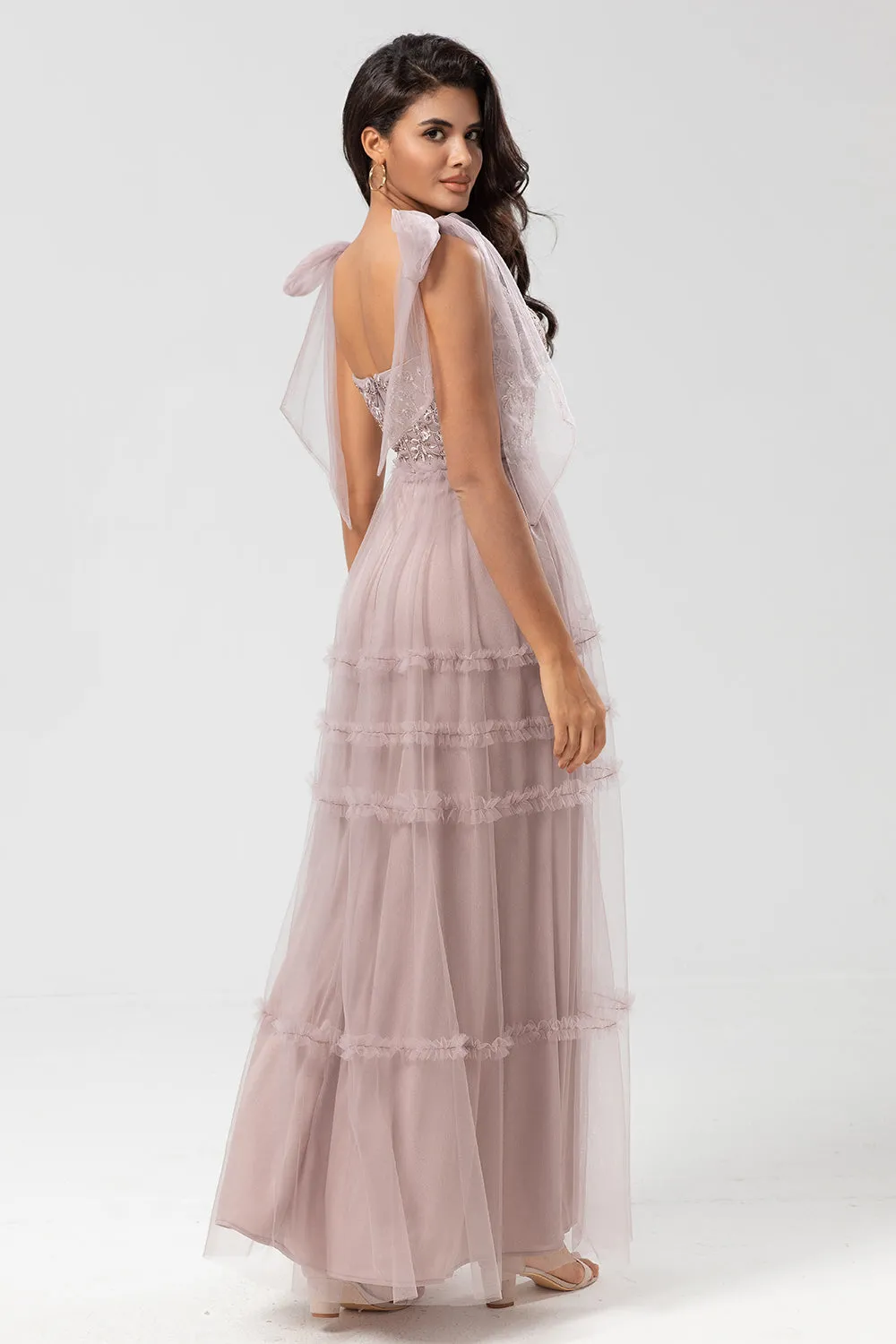 Keeper of My Heart A-Line V Neck Dusty Pink Long Bridesmaid Dress with Beading sold by Zapaka product image thumbnail 2