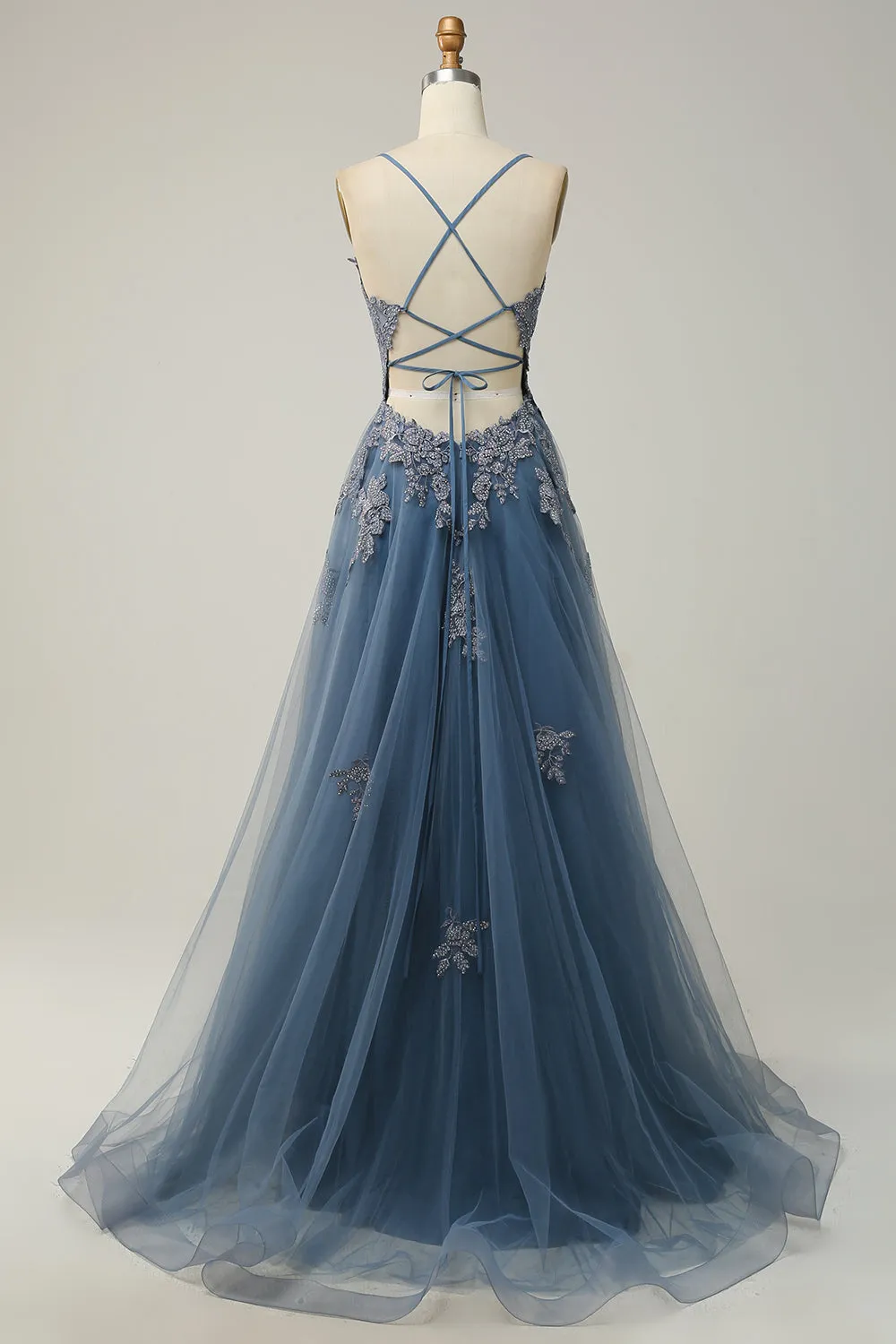 Spaghetti Straps A Line Grey Blue Long Prom Dress with Criss Cross Back sold by Zapaka product image thumbnail 2
