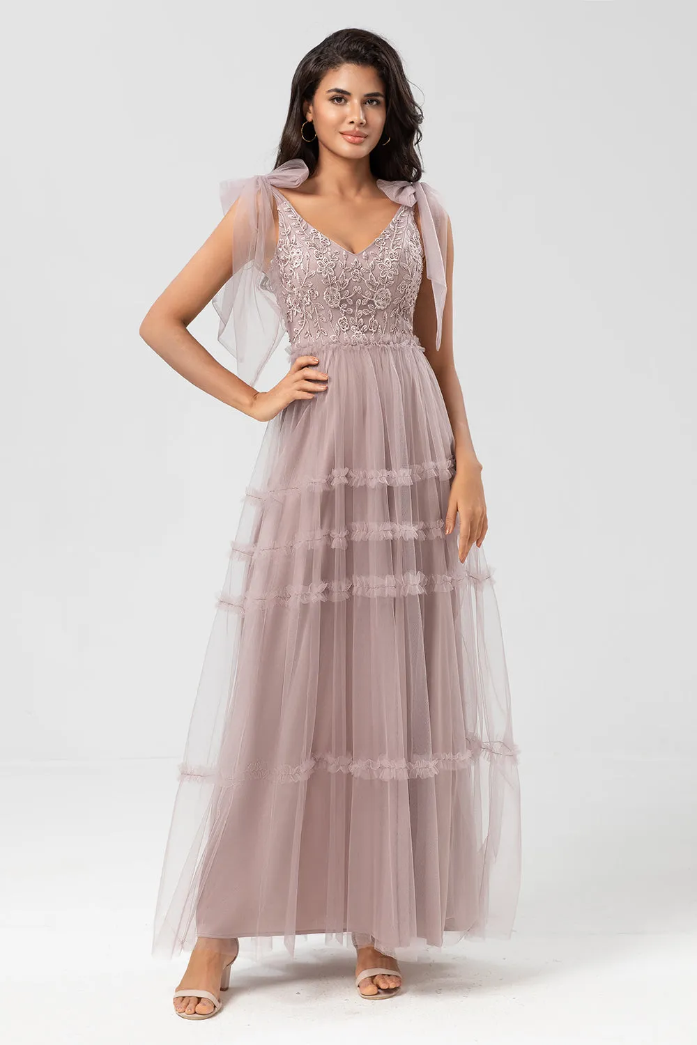 Keeper of My Heart A-Line V Neck Dusty Pink Long Bridesmaid Dress with Beading sold by Zapaka