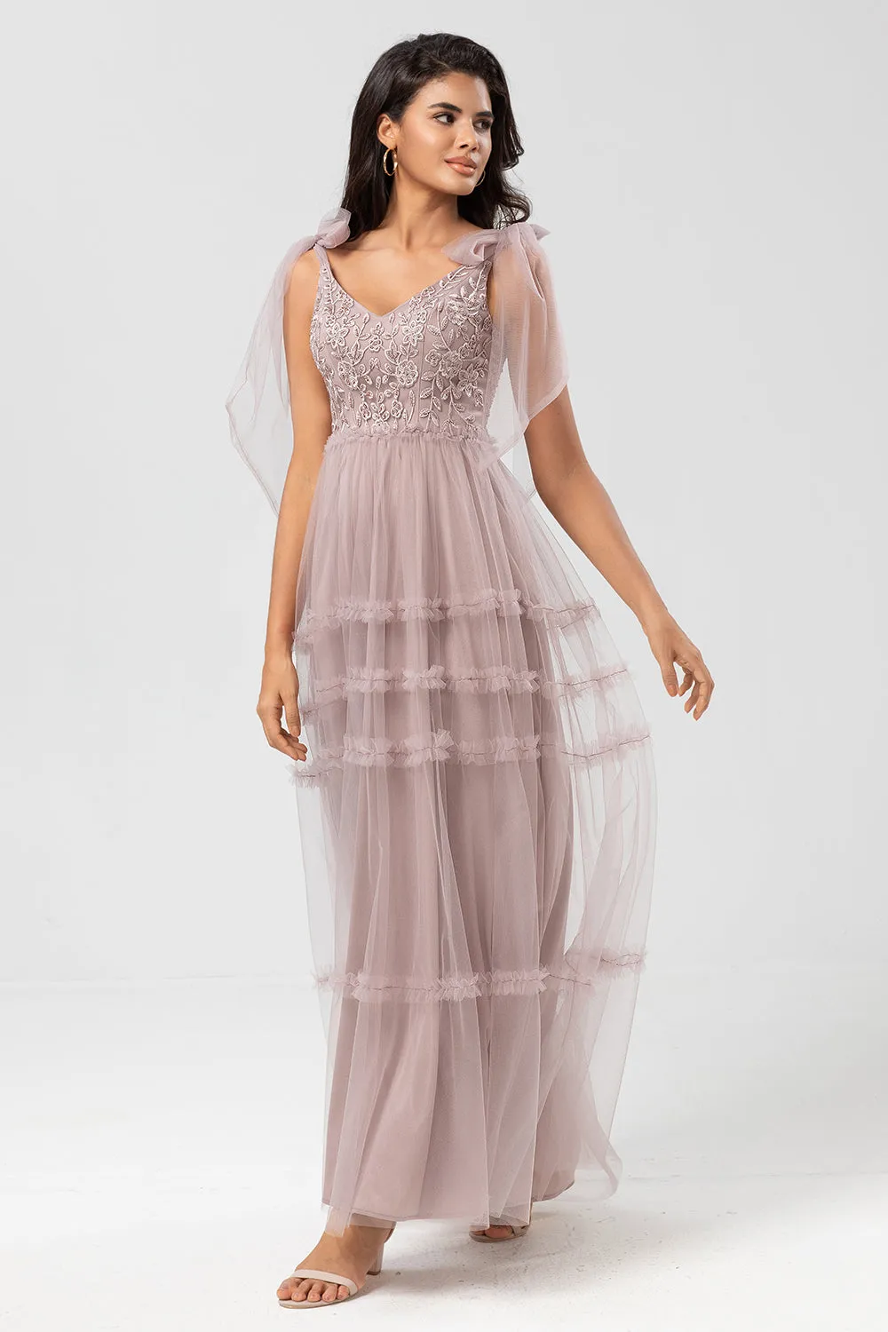 Keeper of My Heart A-Line V Neck Dusty Pink Long Bridesmaid Dress with Beading sold by Zapaka product image thumbnail 3