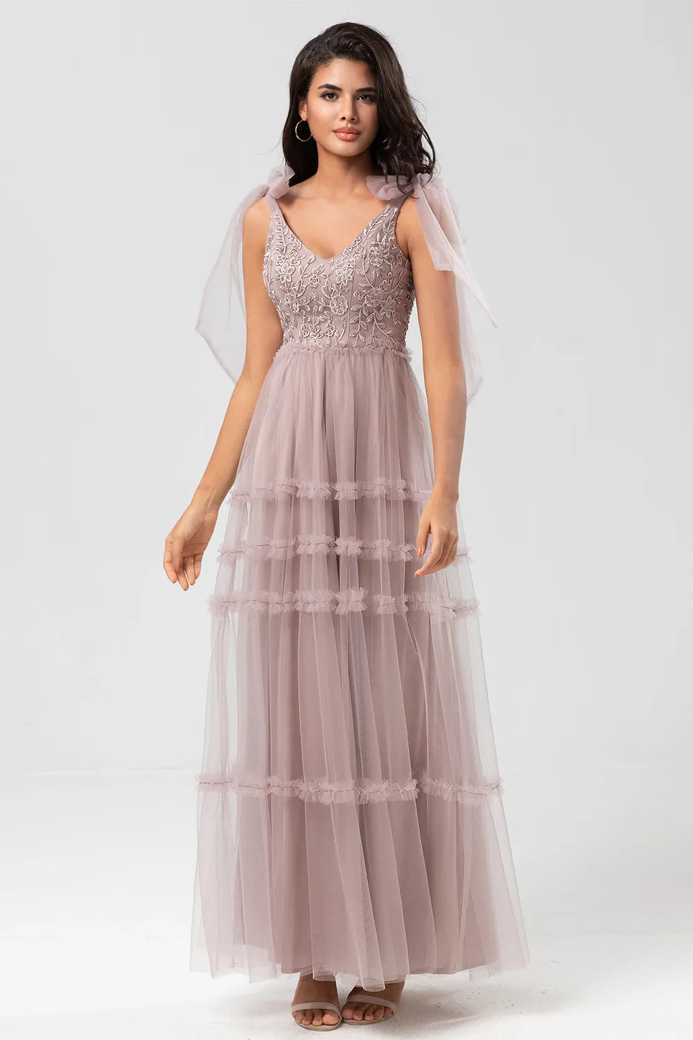 Keeper of My Heart A-Line V Neck Dusty Pink Long Bridesmaid Dress with Beading sold by Zapaka product image thumbnail 4