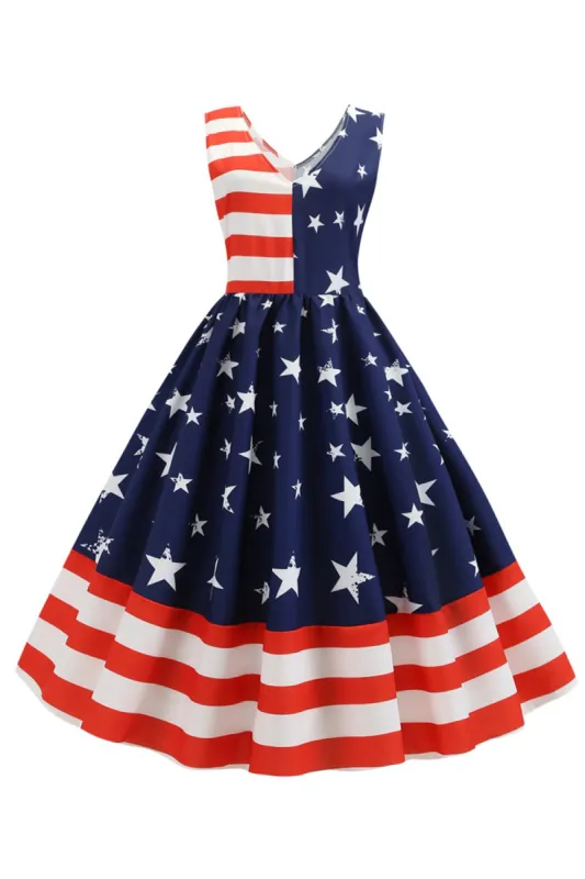 V-Neck Sleeveless Striped Star Print Swing Dress sold by Zapaka