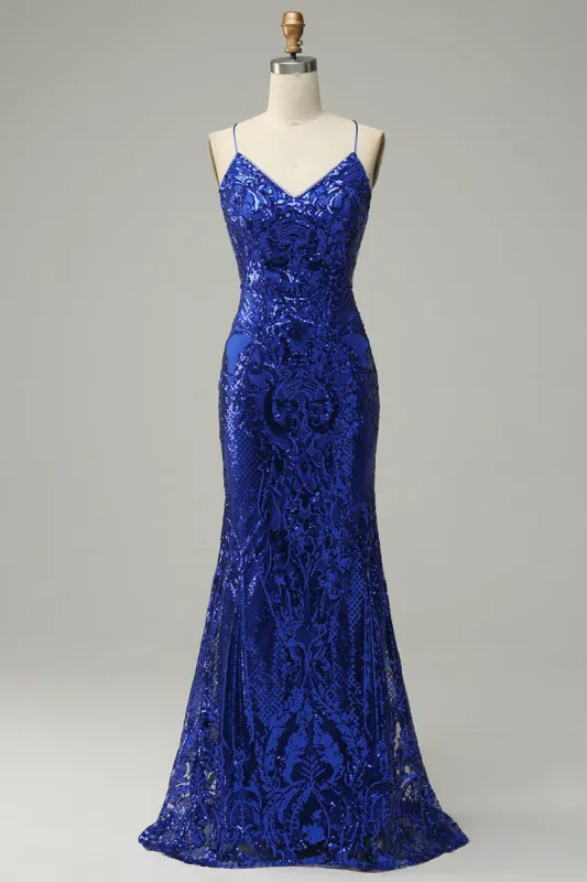 Mermaid Spaghetti Straps Royal Blue Sequins Long Prom Dress with Criss Cross Back sold by Zapaka