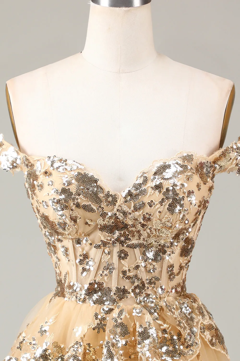 Sparkly Golden Corset Tiered Lace A-Line Short Homecoming Dress sold by Zapaka product image thumbnail 4