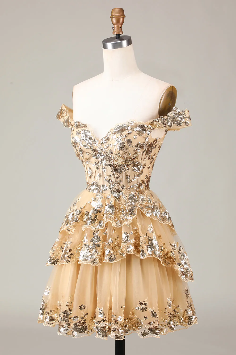 Sparkly Golden Corset Tiered Lace A-Line Short Homecoming Dress sold by Zapaka product image thumbnail 3
