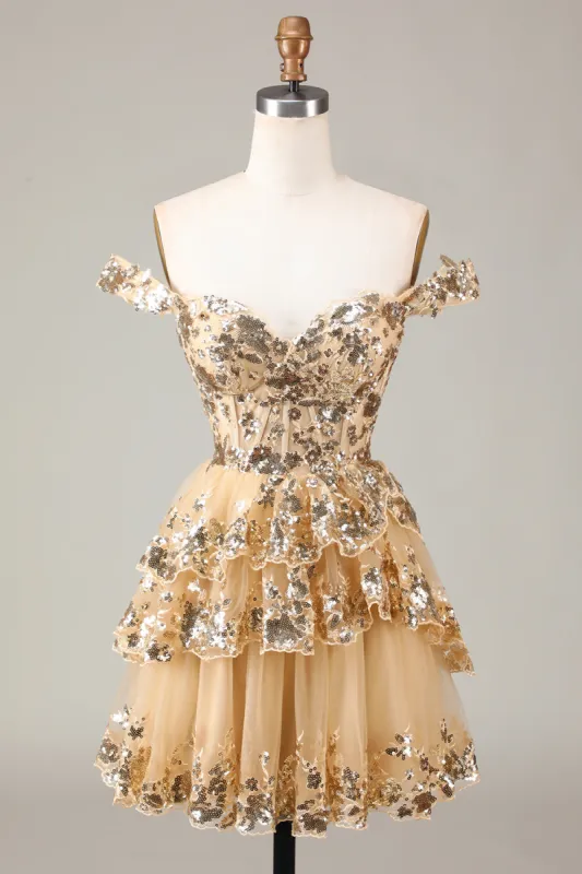 Sparkly Golden Corset Tiered Lace A-Line Short Homecoming Dress made by Zapaka