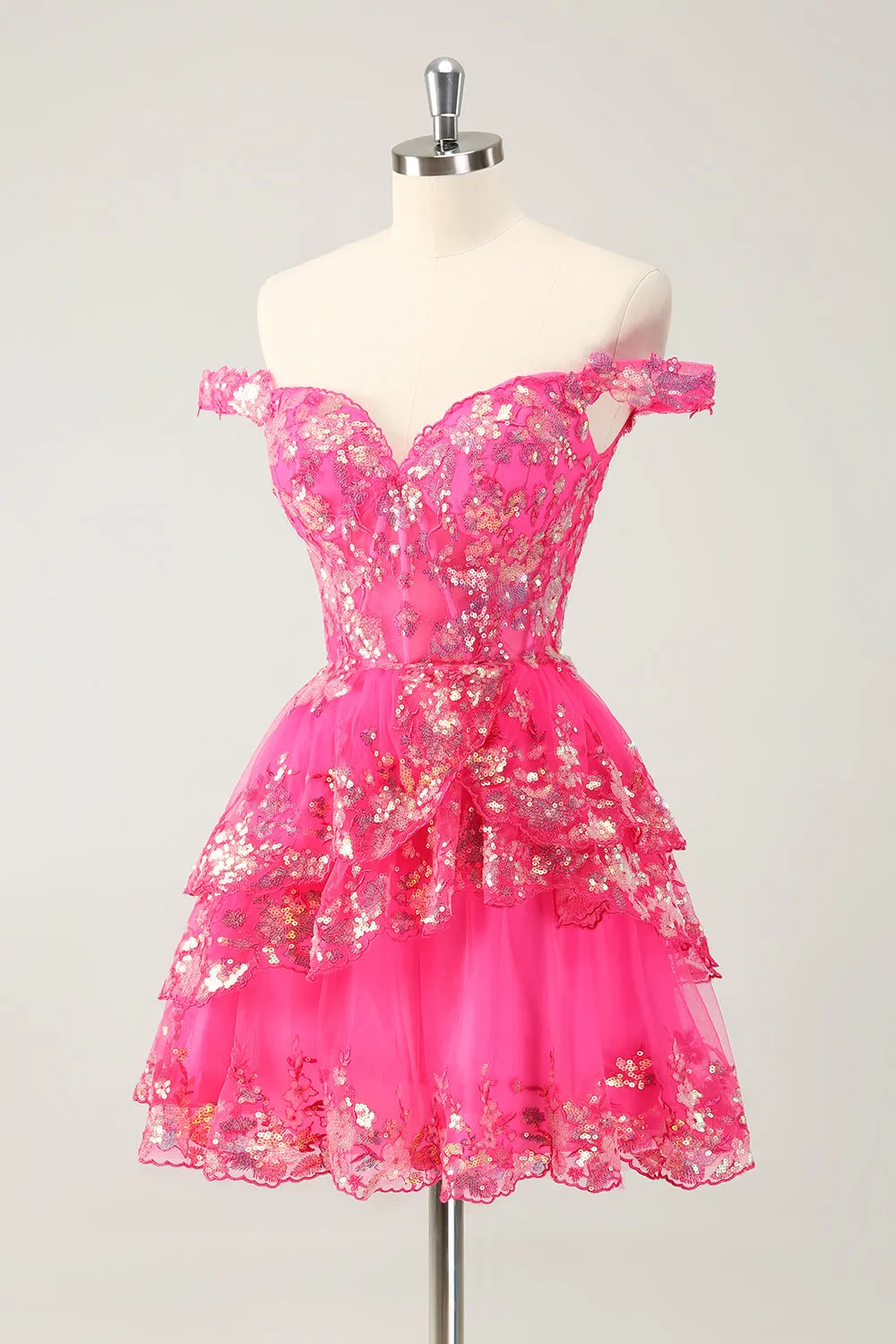 Cute Sparkly Hot Pink A Line Tiered Corset Lace Short Homecoming Dress sold by Zapaka product image thumbnail 3