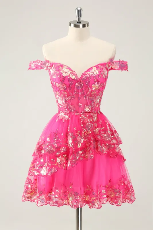 Cute Sparkly Hot Pink A Line Tiered Corset Lace Short Homecoming Dress sold by Zapaka