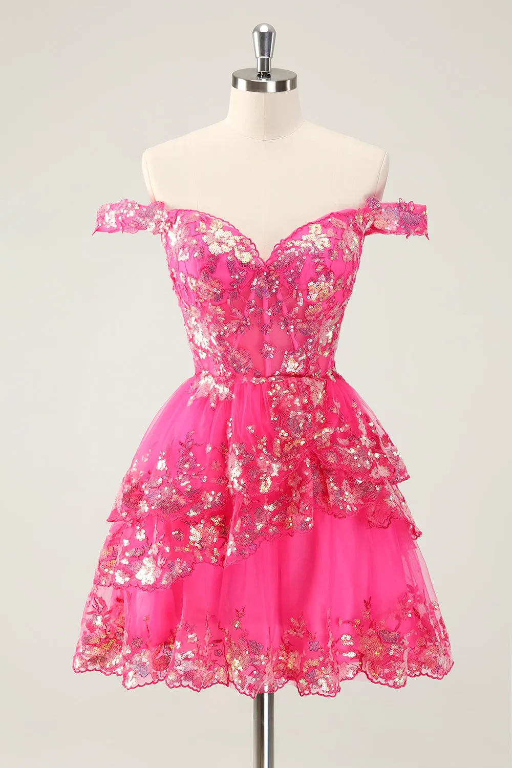 Cute Sparkly Hot Pink A Line Tiered Corset Lace Short Homecoming Dress sold by Zapaka