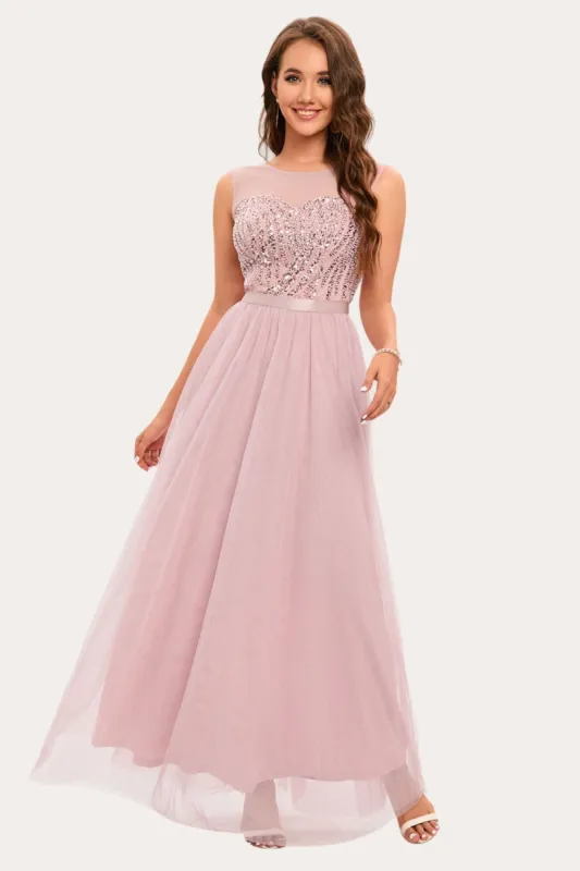 Sparkly Blush Beaded Long Tulle Prom Dress sold by Zapaka