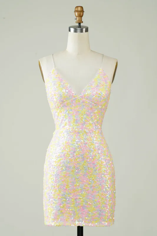 White Spaghetti Straps Tight Homecoming Dress with Rainbow Sequins sold by Zapaka