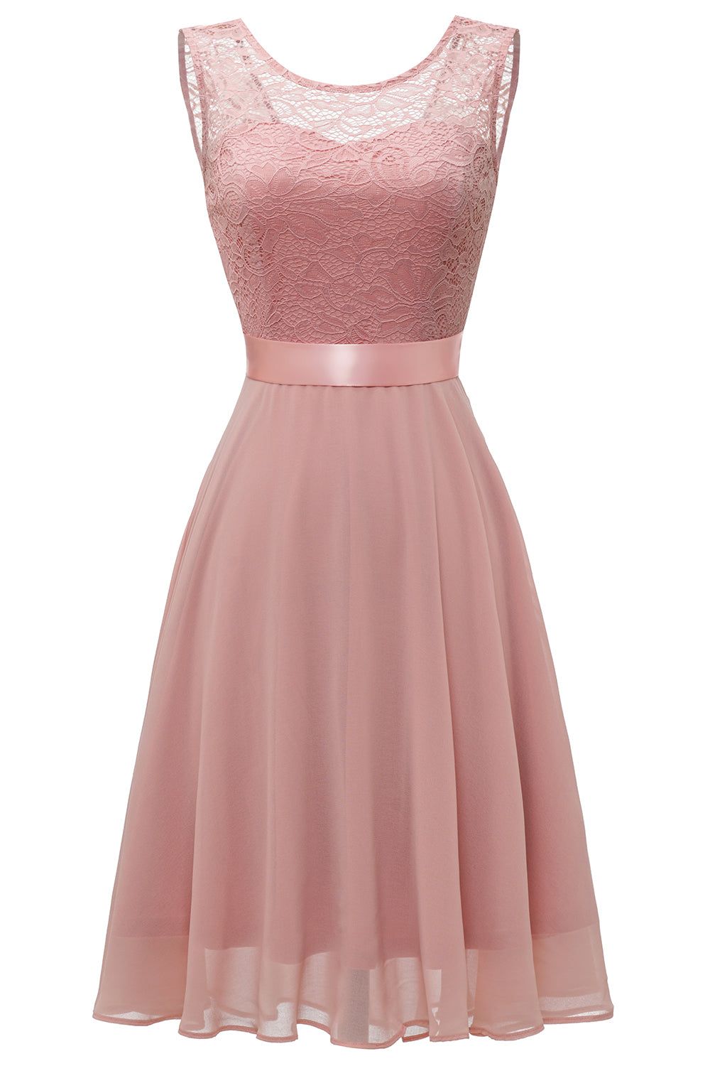 Blush Round Neck Lace Dress with Open Back sold by Zapaka