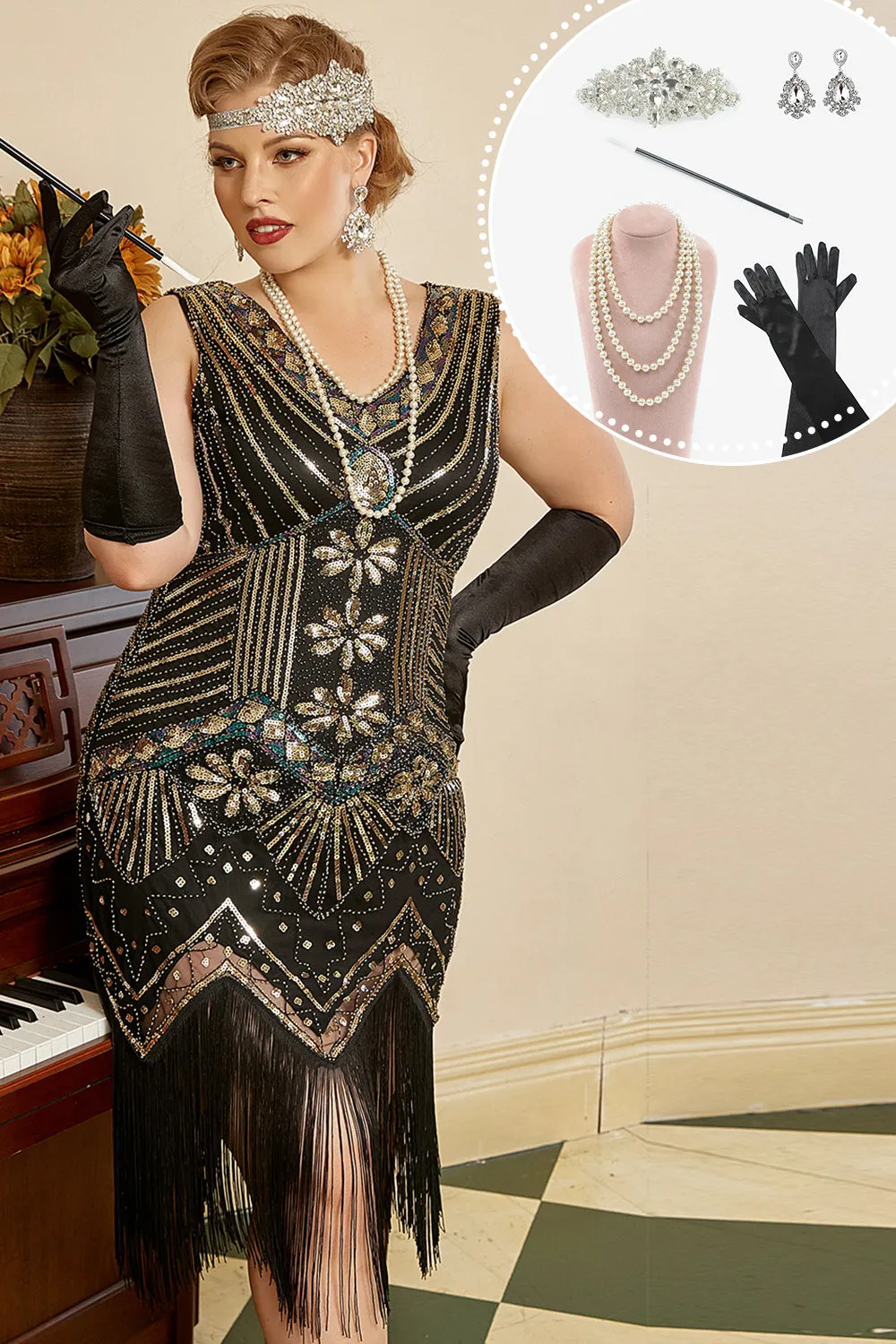 Black Golden Sequins Plus Size 1920s Gatsby Dress with 20s Acessories Set sold by Zapaka