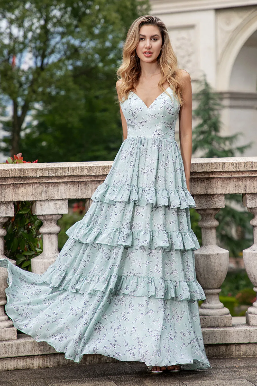 Grey Green A Line Spaghetti Straps Long Bridesmaid Dress With Ruffles sold by Zapaka product image thumbnail 3