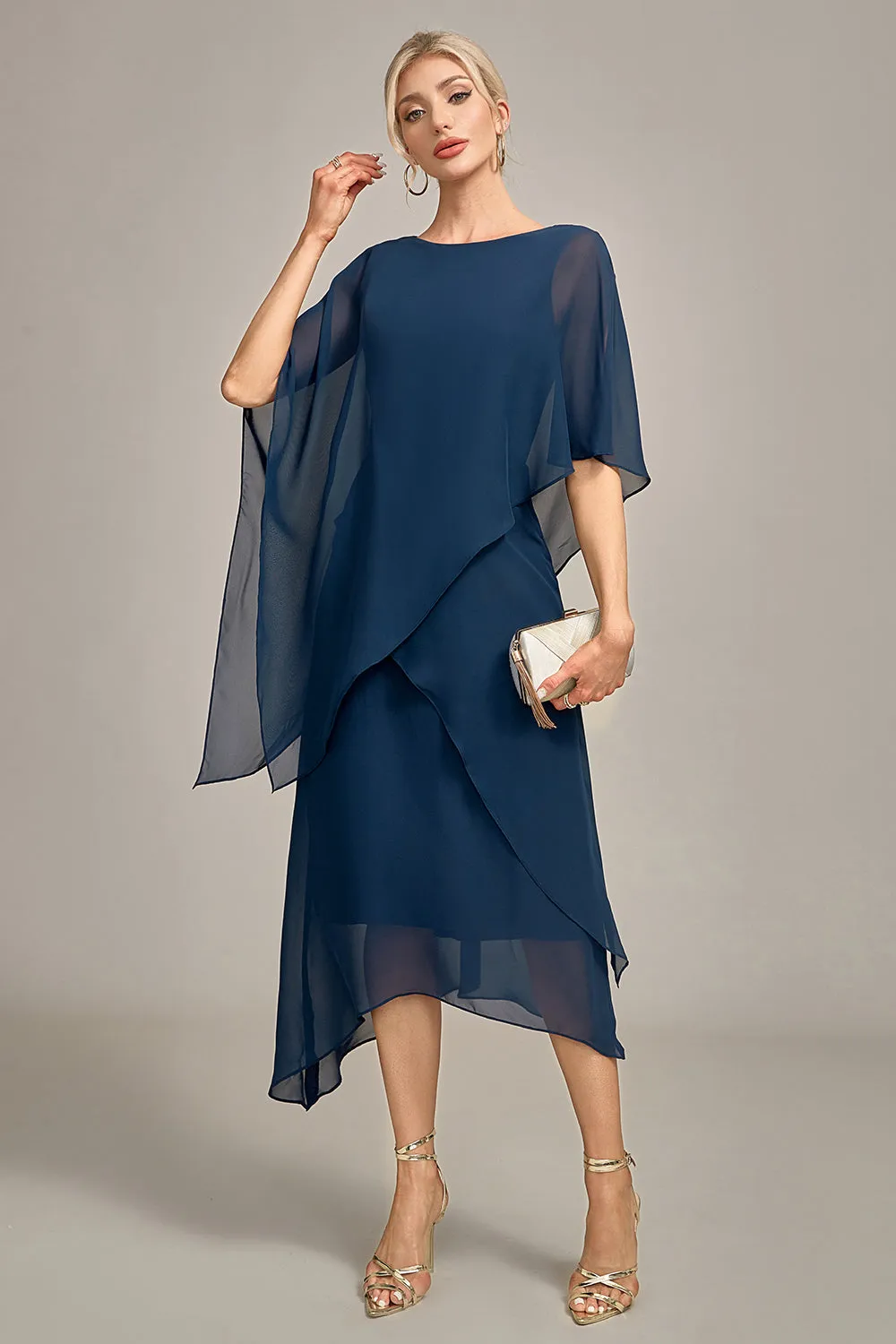 Navy Chiffon A-line Scoop Neck Mother of the Bride Dress sold by Zapaka