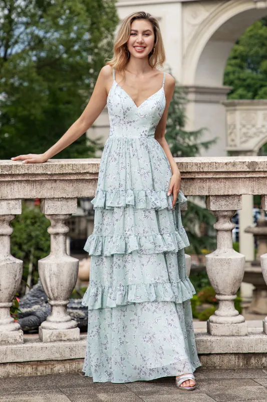 Grey Green A Line Spaghetti Straps Long Bridesmaid Dress With Ruffles sold by Zapaka