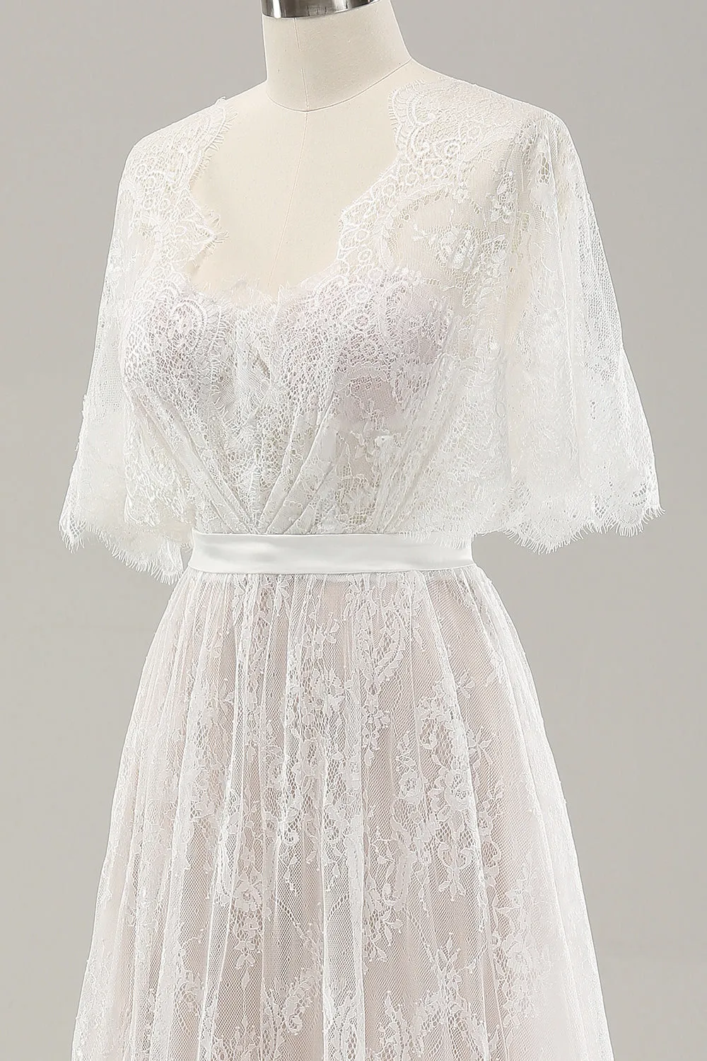 White A Line Sweetheart Lace Long Wedding Dress with Short Sleeves sold by Zapaka product image thumbnail 5