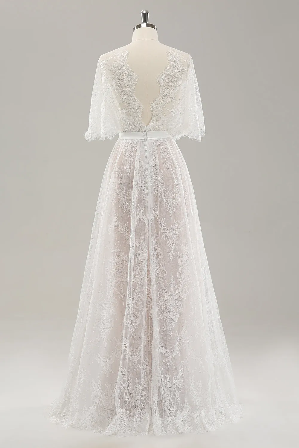 White A Line Sweetheart Lace Long Wedding Dress with Short Sleeves sold by Zapaka product image thumbnail 2