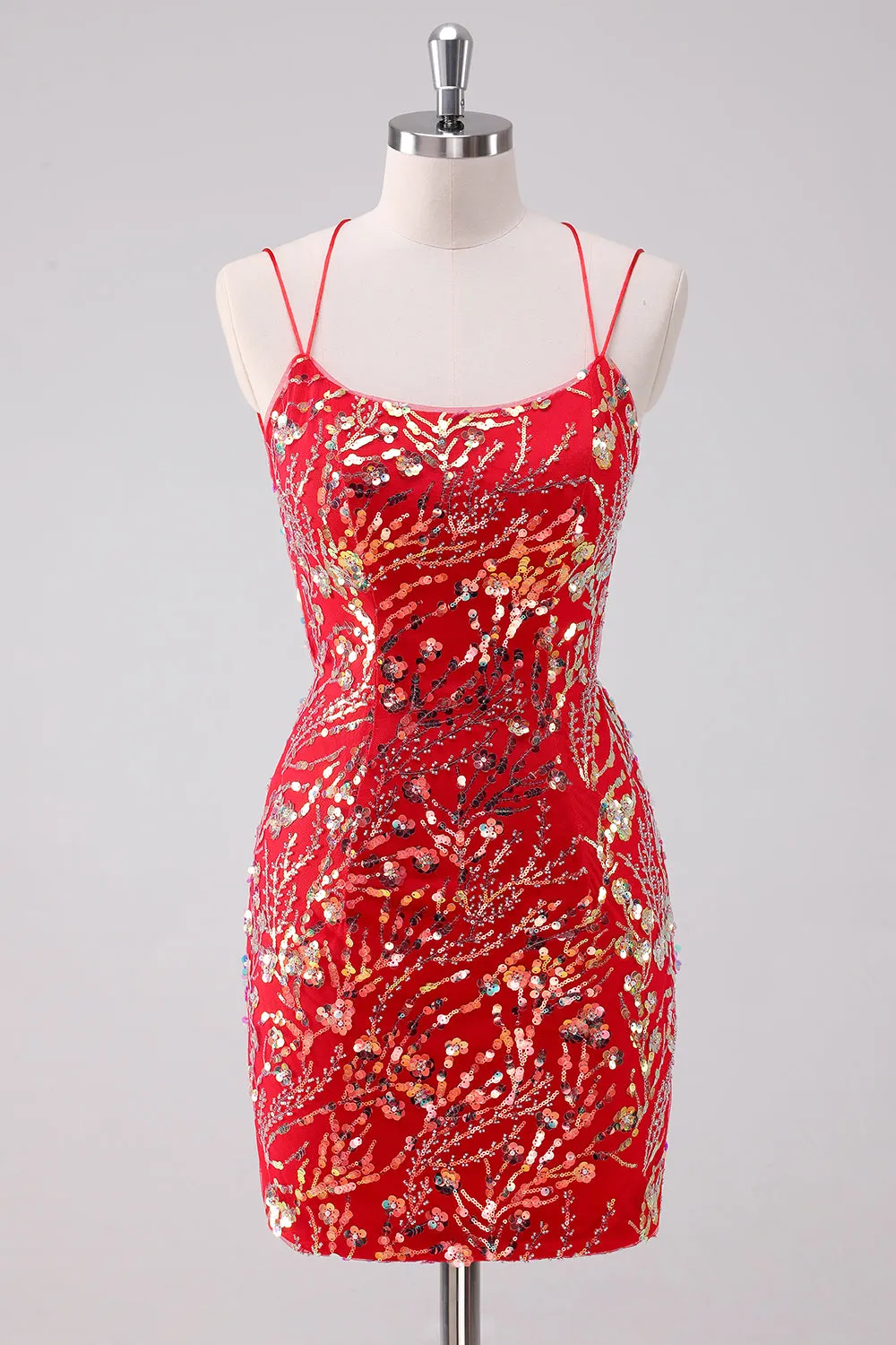 Glitter Red Spaghetti Straps Sequins Bodycon Short Homecoming Dress sold by Zapaka
