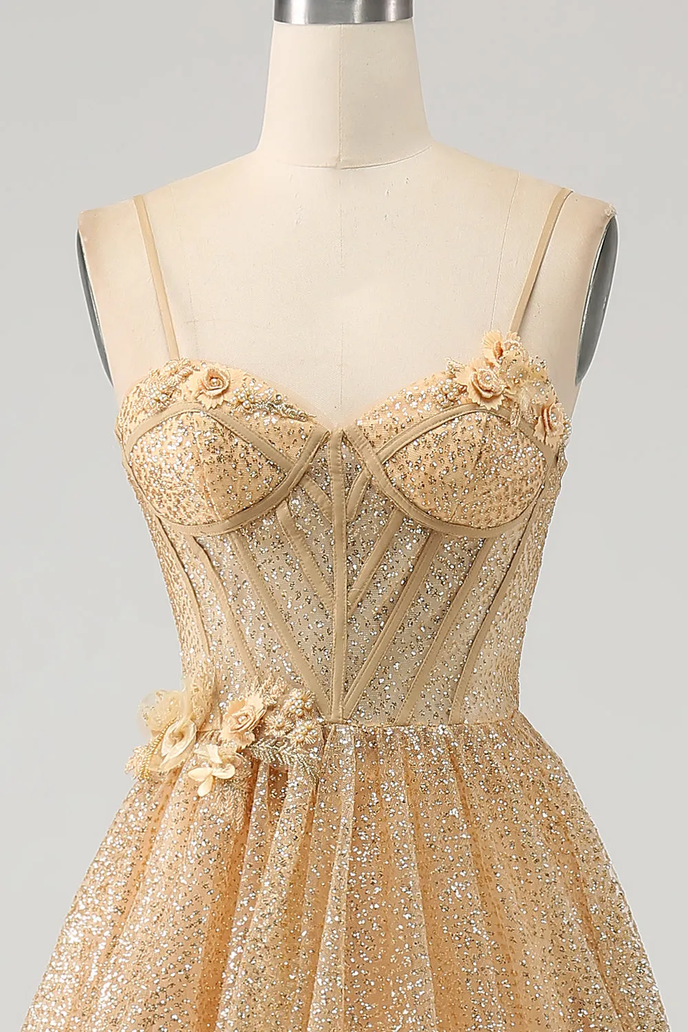 Glitter Golden Corset Long Prom Dress with Flowers sold by Zapaka product image thumbnail 4