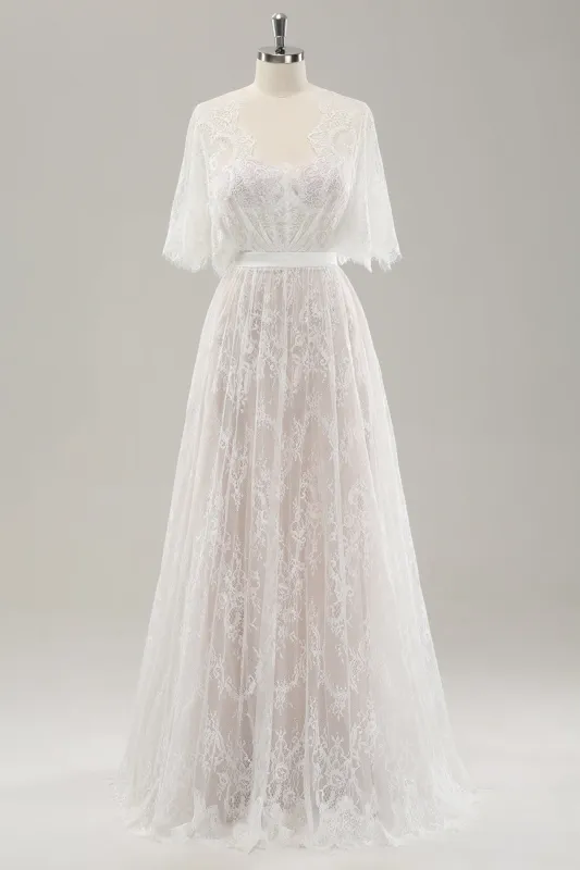 White A Line Sweetheart Lace Long Wedding Dress with Short Sleeves sold by Zapaka