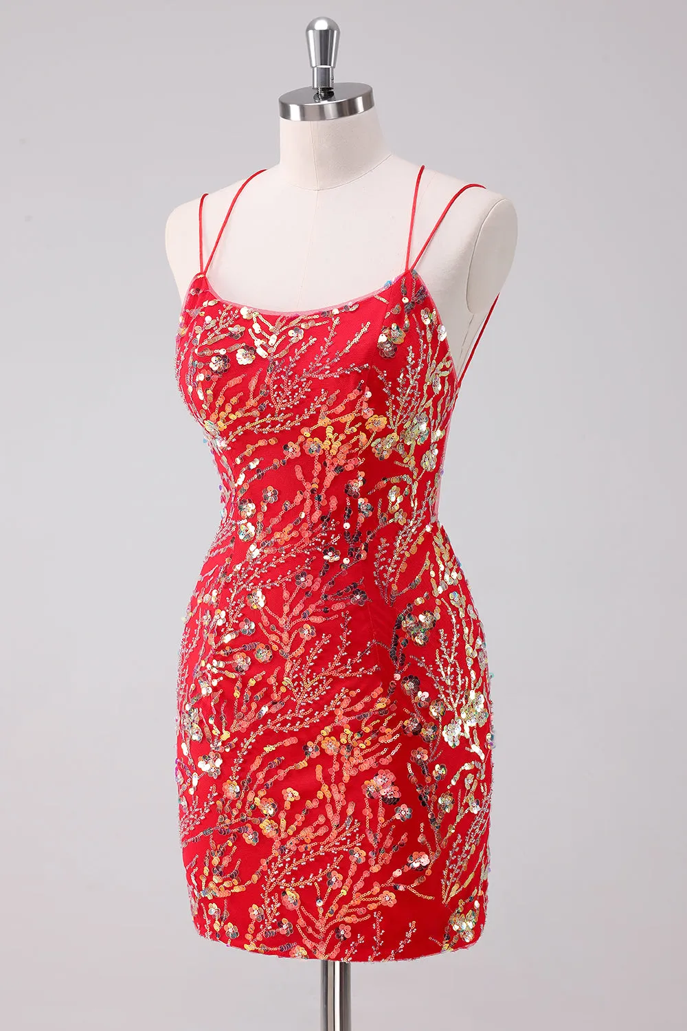 Glitter Red Spaghetti Straps Sequins Bodycon Short Homecoming Dress sold by Zapaka product image thumbnail 3