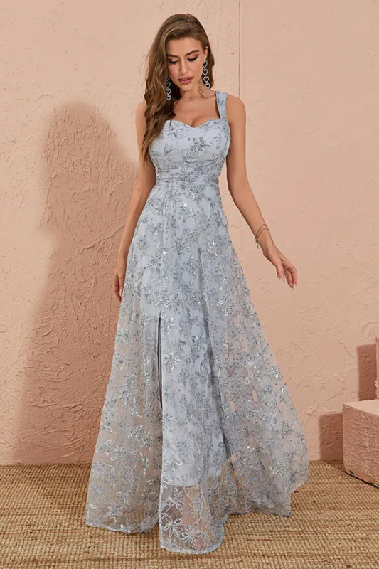Sliver Grey A Line Floral Embroidery Long Prom Dress with Slit sold by Zapaka