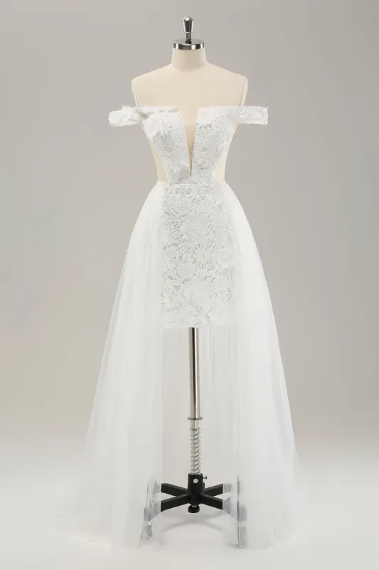 White Off the Shoulder Cut Out Wedding Dress with Detachable Tulle sold by Zapaka