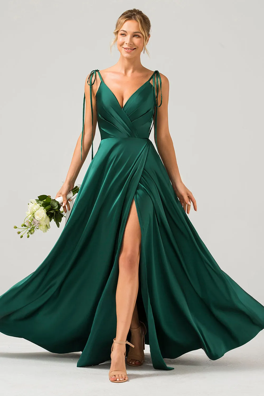 Dark Green A-Line Spaghetti Straps Ruched Long Bridesmaid Dress with Slit sold by Zapaka