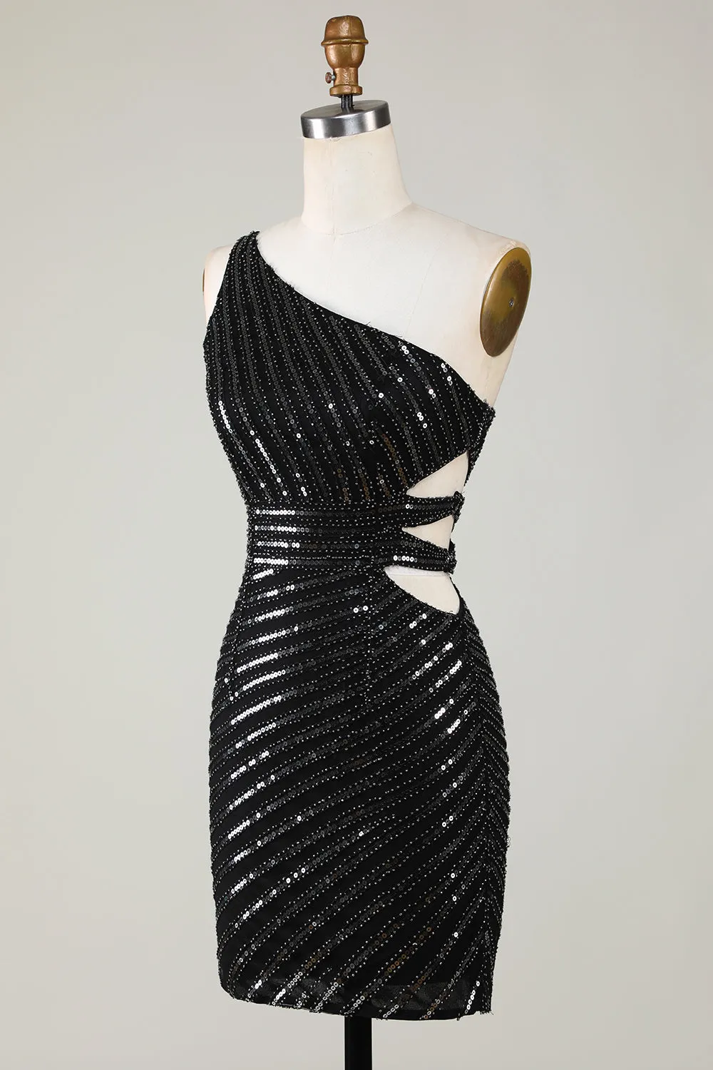 Sparkly Bodycon One Shoulder Black Sequins Short Homecoming Dress with Cut Out sold by Zapaka product image thumbnail 3