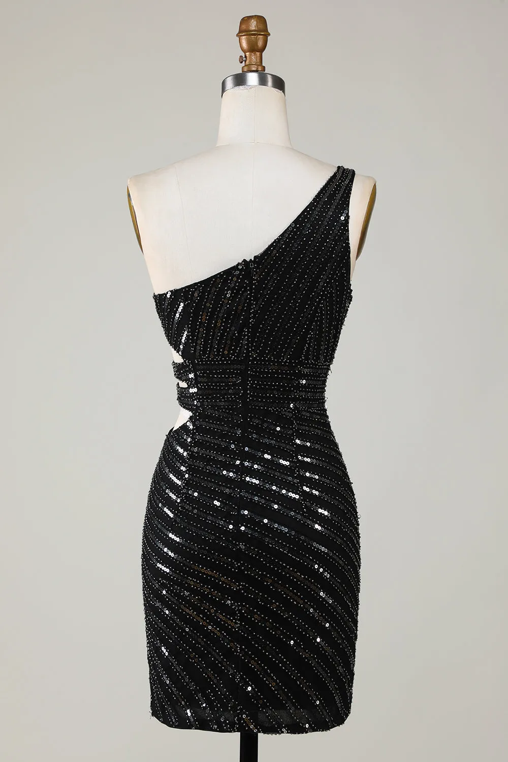 Sparkly Bodycon One Shoulder Black Sequins Short Homecoming Dress with Cut Out sold by Zapaka product image thumbnail 2