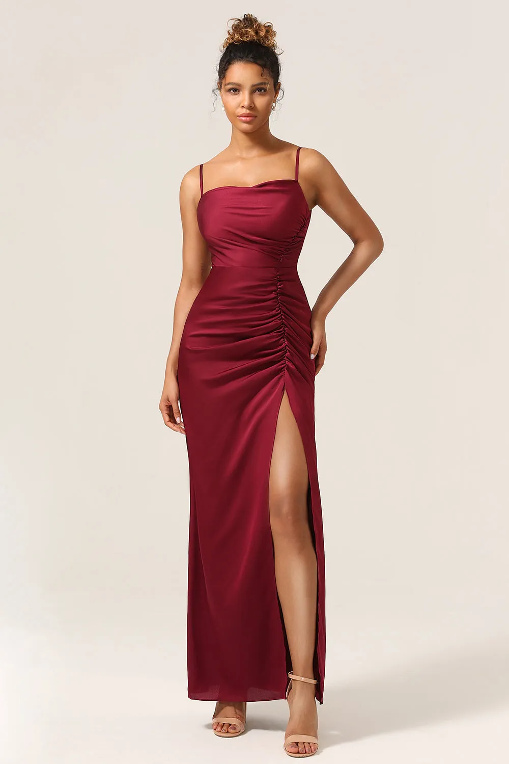 Simple Mermaid Spaghetti Straps Burgundy Long Bridesmaid Dress with Split Front sold by Zapaka