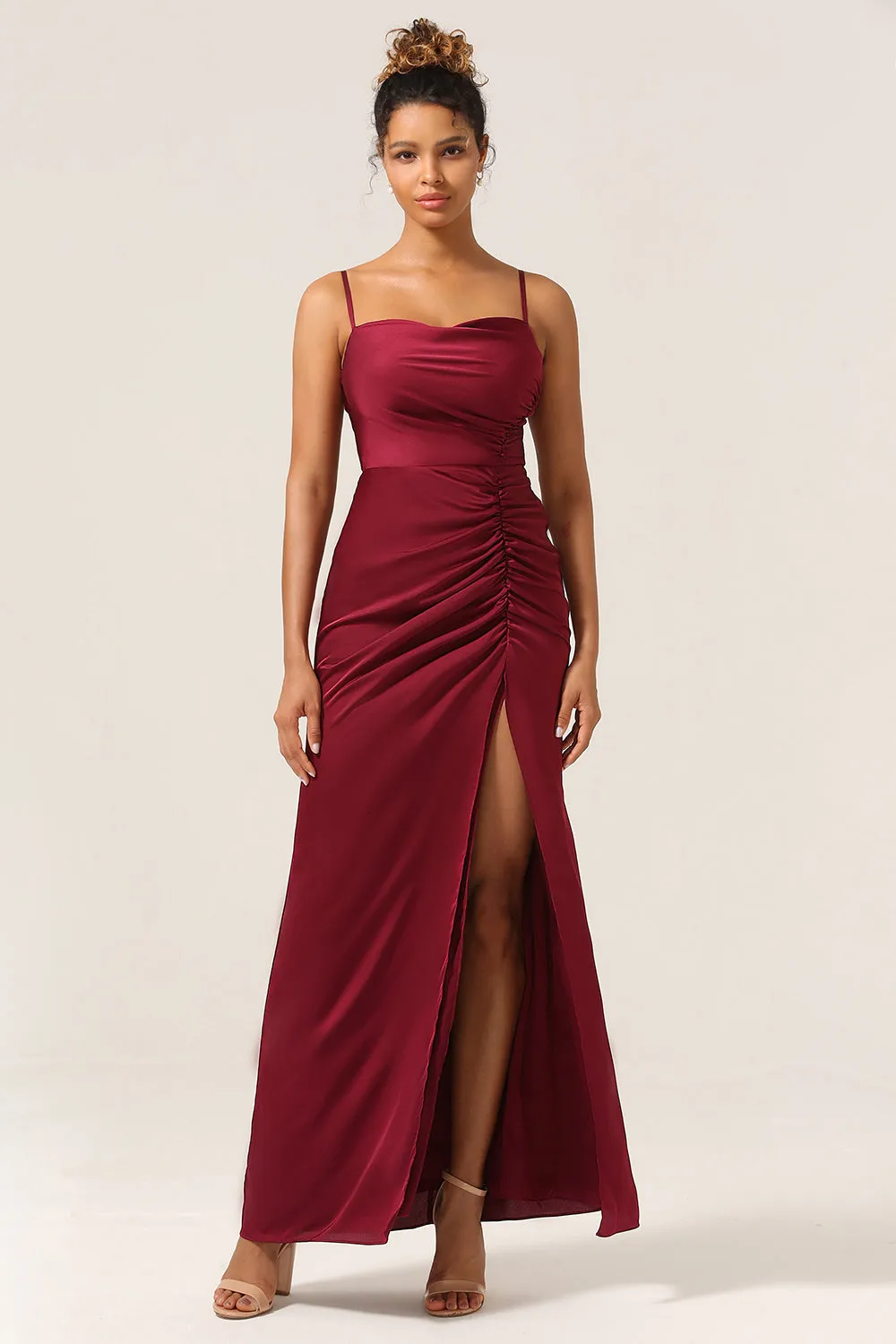 Simple Mermaid Spaghetti Straps Burgundy Long Bridesmaid Dress with Split Front sold by Zapaka product image thumbnail 3