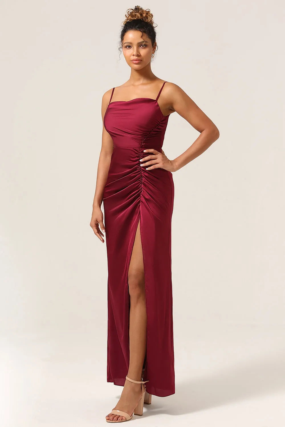 Simple Mermaid Spaghetti Straps Burgundy Long Bridesmaid Dress with Split Front sold by Zapaka product image thumbnail 4
