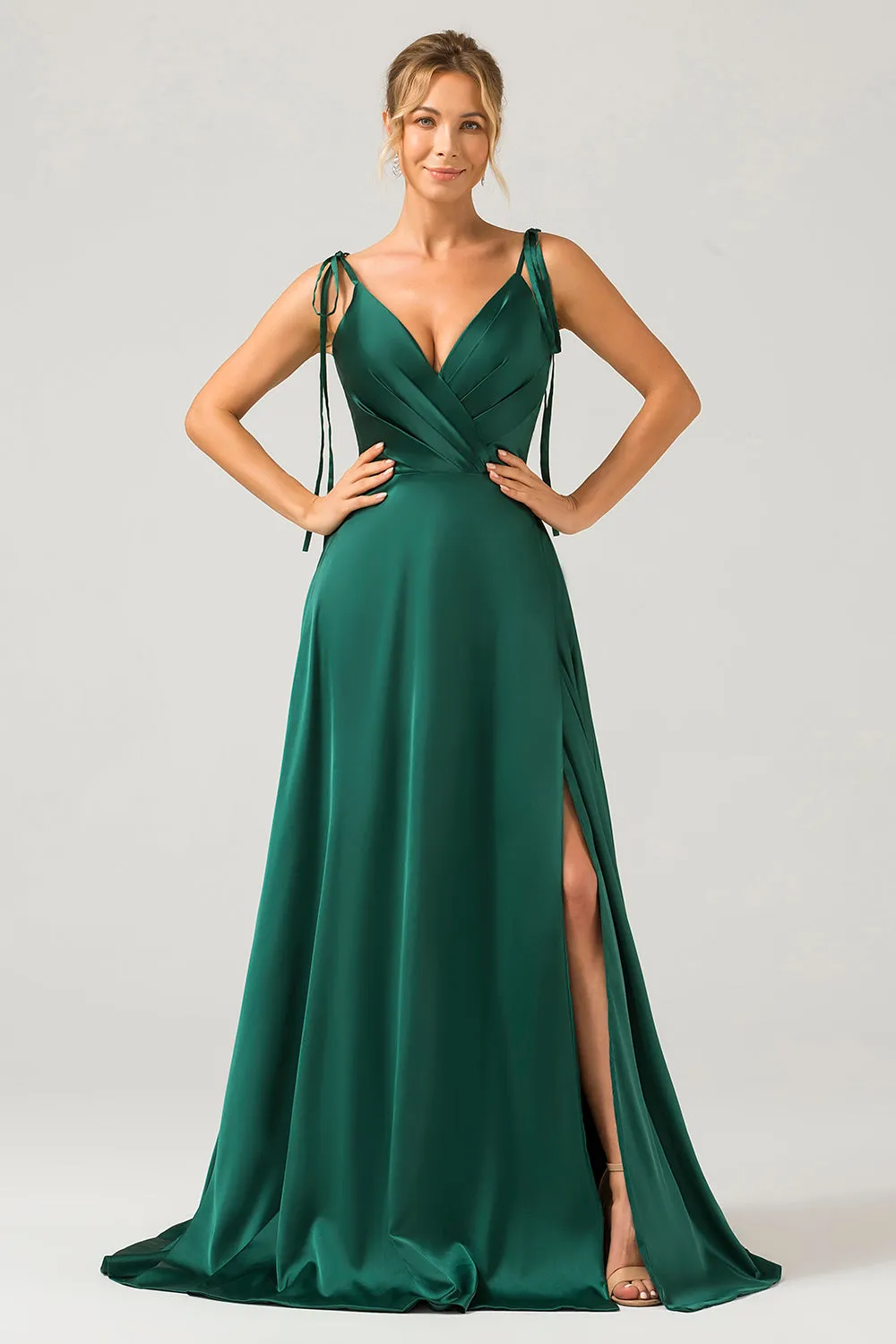 Dark Green A-Line Spaghetti Straps Ruched Long Bridesmaid Dress with Slit sold by Zapaka product image thumbnail 5