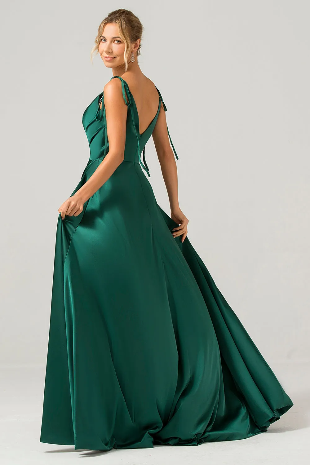 Dark Green A-Line Spaghetti Straps Ruched Long Bridesmaid Dress with Slit sold by Zapaka product image thumbnail 2