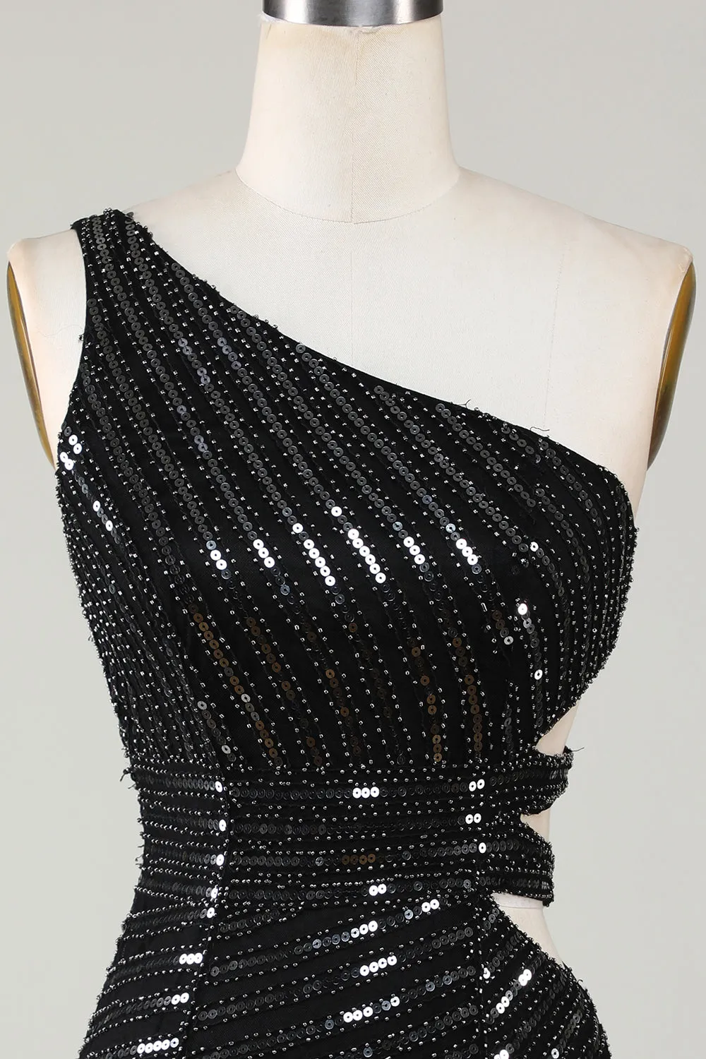 Sparkly Bodycon One Shoulder Black Sequins Short Homecoming Dress with Cut Out sold by Zapaka product image thumbnail 4