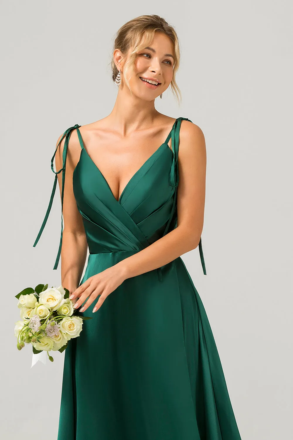 Dark Green A-Line Spaghetti Straps Ruched Long Bridesmaid Dress with Slit sold by Zapaka product image thumbnail 4