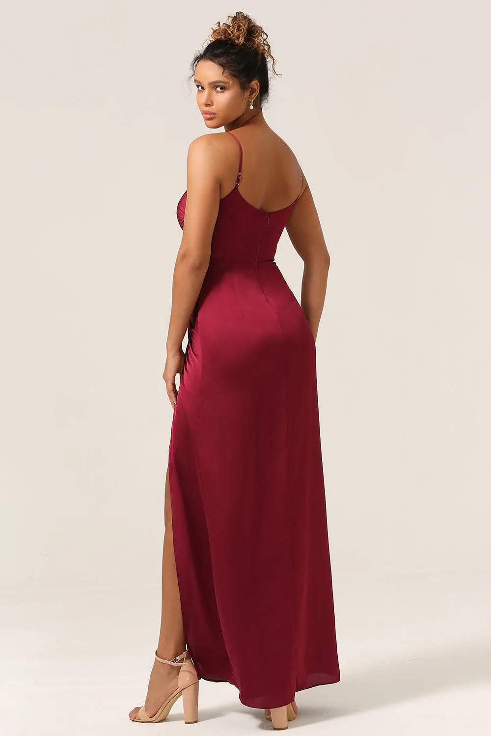 Simple Mermaid Spaghetti Straps Burgundy Long Bridesmaid Dress with Split Front sold by Zapaka product image thumbnail 2