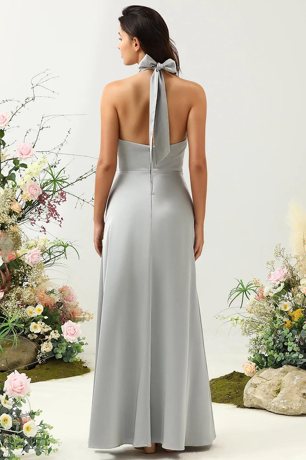 Simple Grey Halter Long Bridesmaid Dress with Slit sold by Zapaka product image thumbnail 2