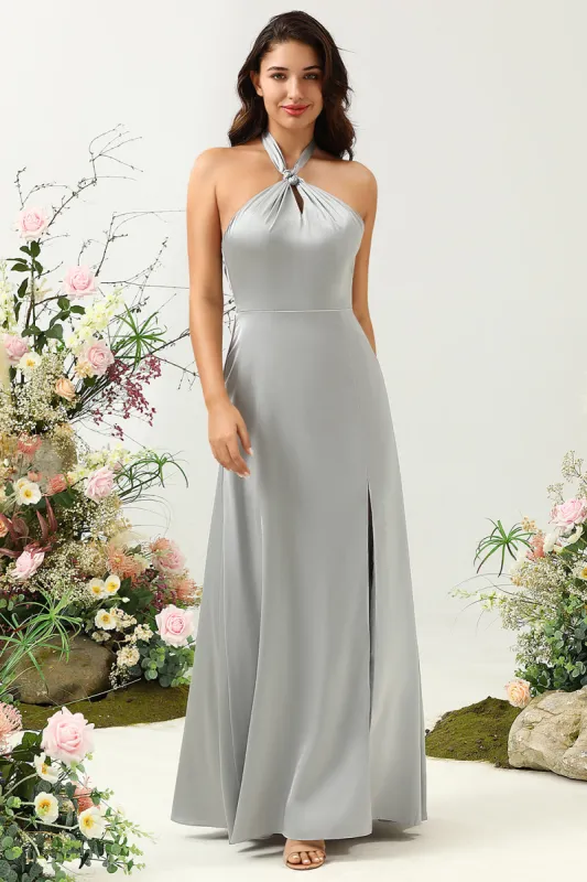 Simple Grey Halter Long Bridesmaid Dress with Slit sold by Zapaka